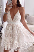 Stunncal V-Neck Lace Embroidered White Dress