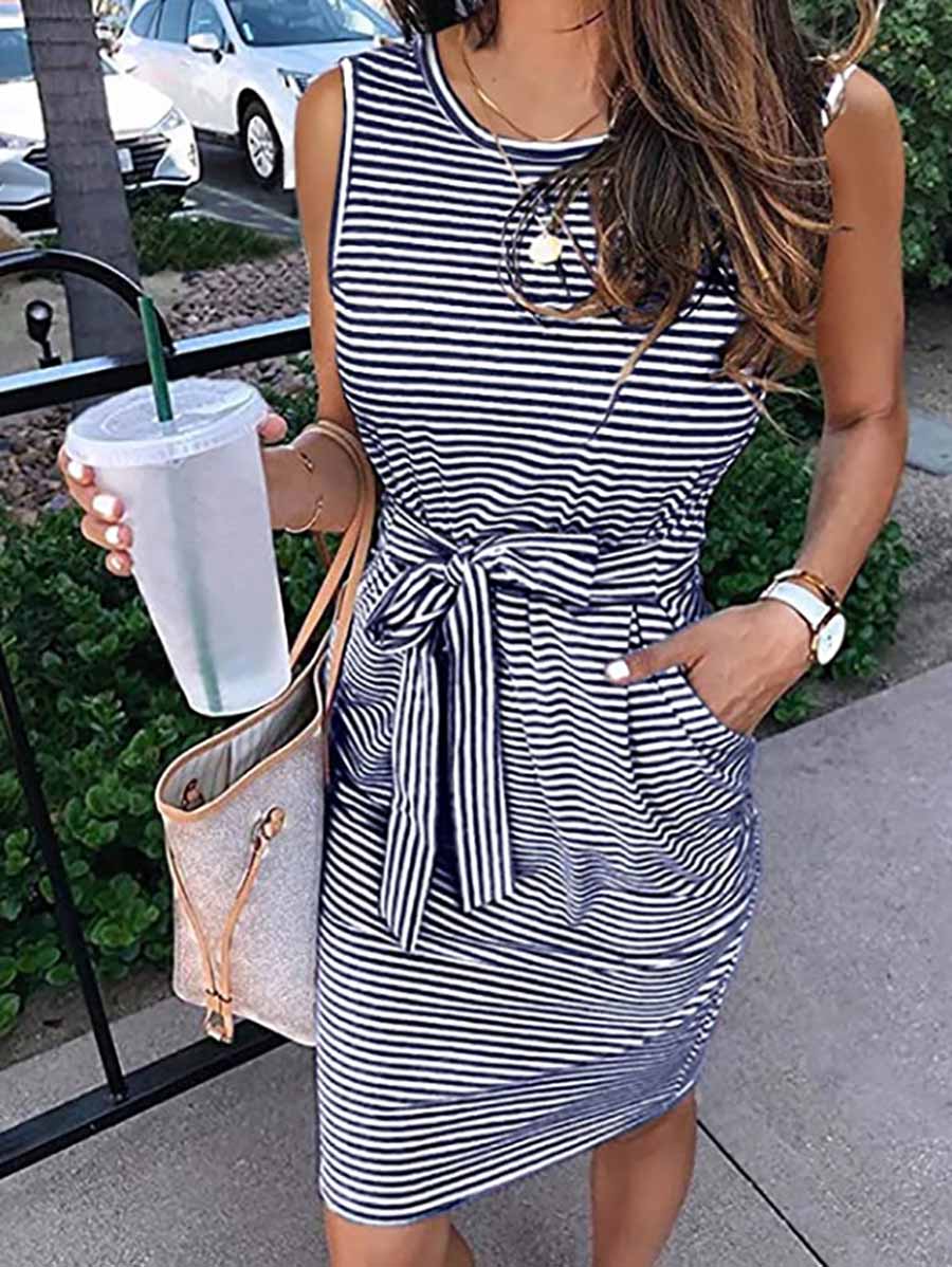 Stunncal Sleeveless striped lace-up dress (7 colors)