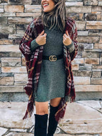 Stunncal Plaid Fringed Knit Shawl Coat