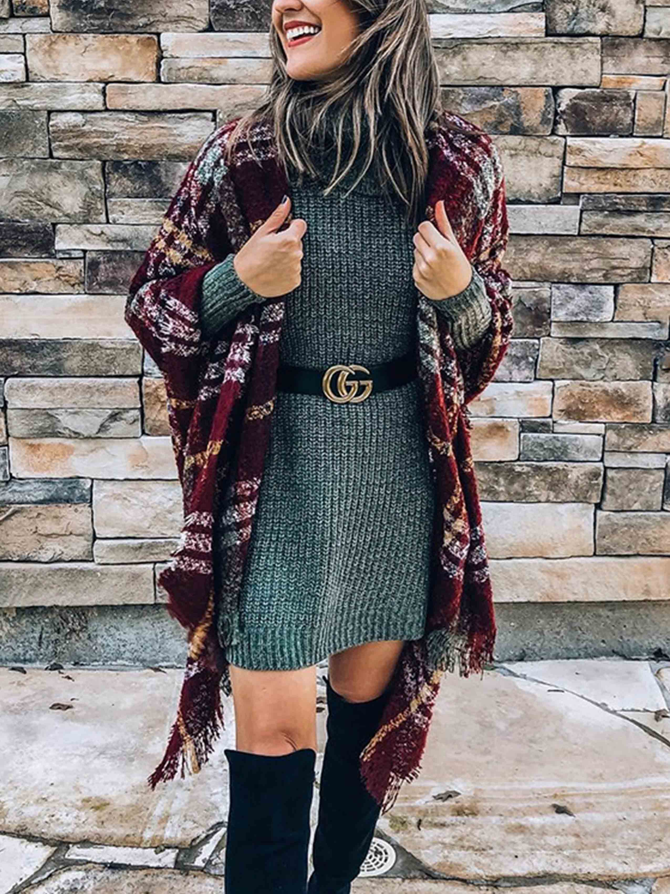 Stunncal Plaid Fringed Knit Shawl Coat
