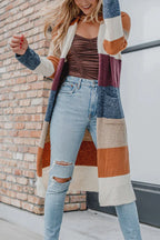 Stunncal Multicolor Knitted Color Block Open Front Long Cardigan