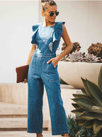 Stunncal O Neck Flouncing Denim Jumpsuit