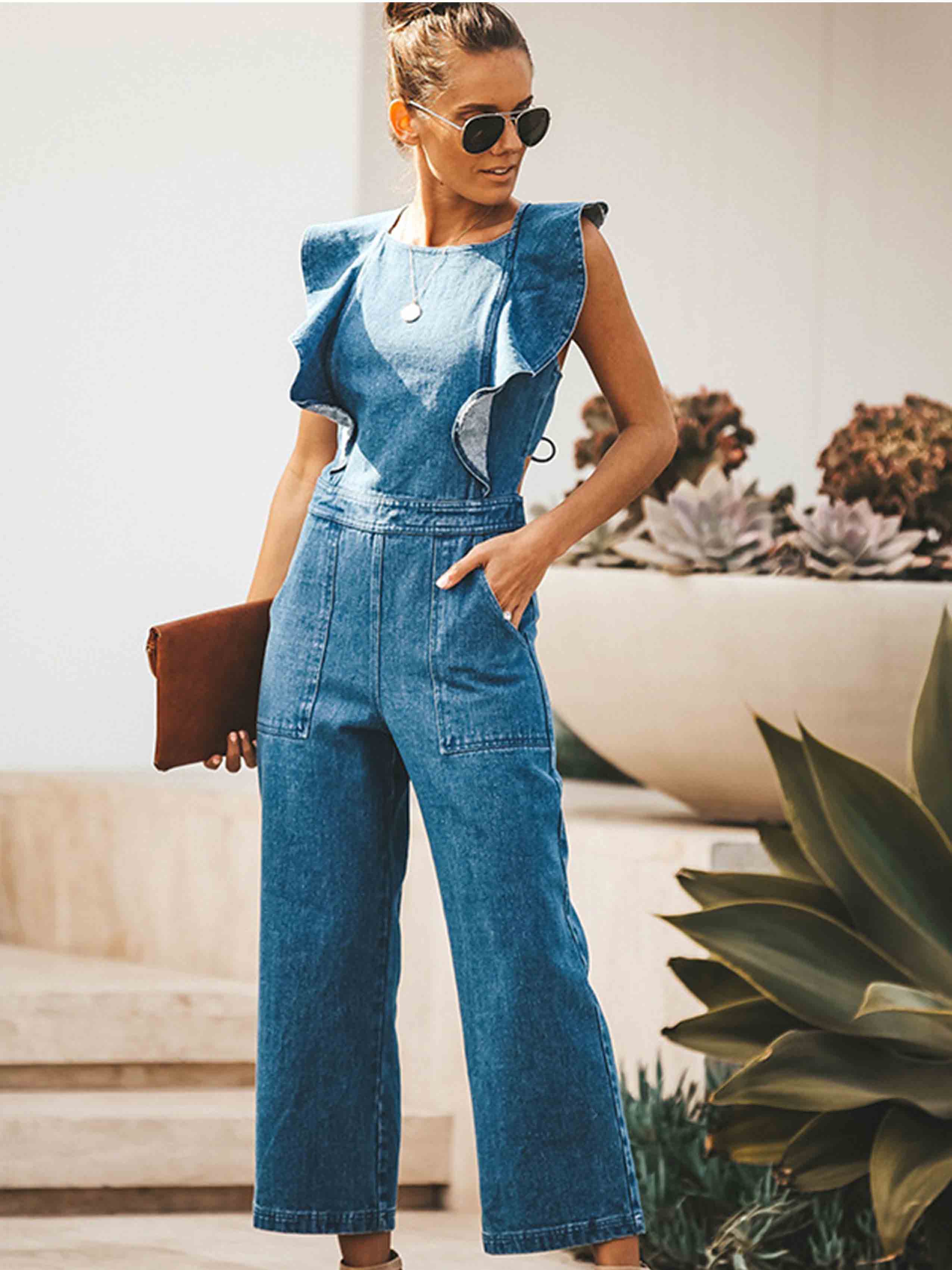 Stunncal O Neck Flouncing Denim Jumpsuit