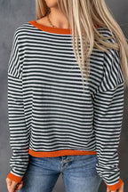 Stunncal Striped Color Contrast Dropped Shoulder Long Sleeve Top